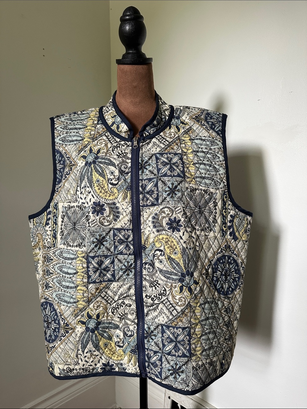 BONWORTH Vintage Paisley Patchwork Boho Coastal Quilted Full Zip Vest XL Petite